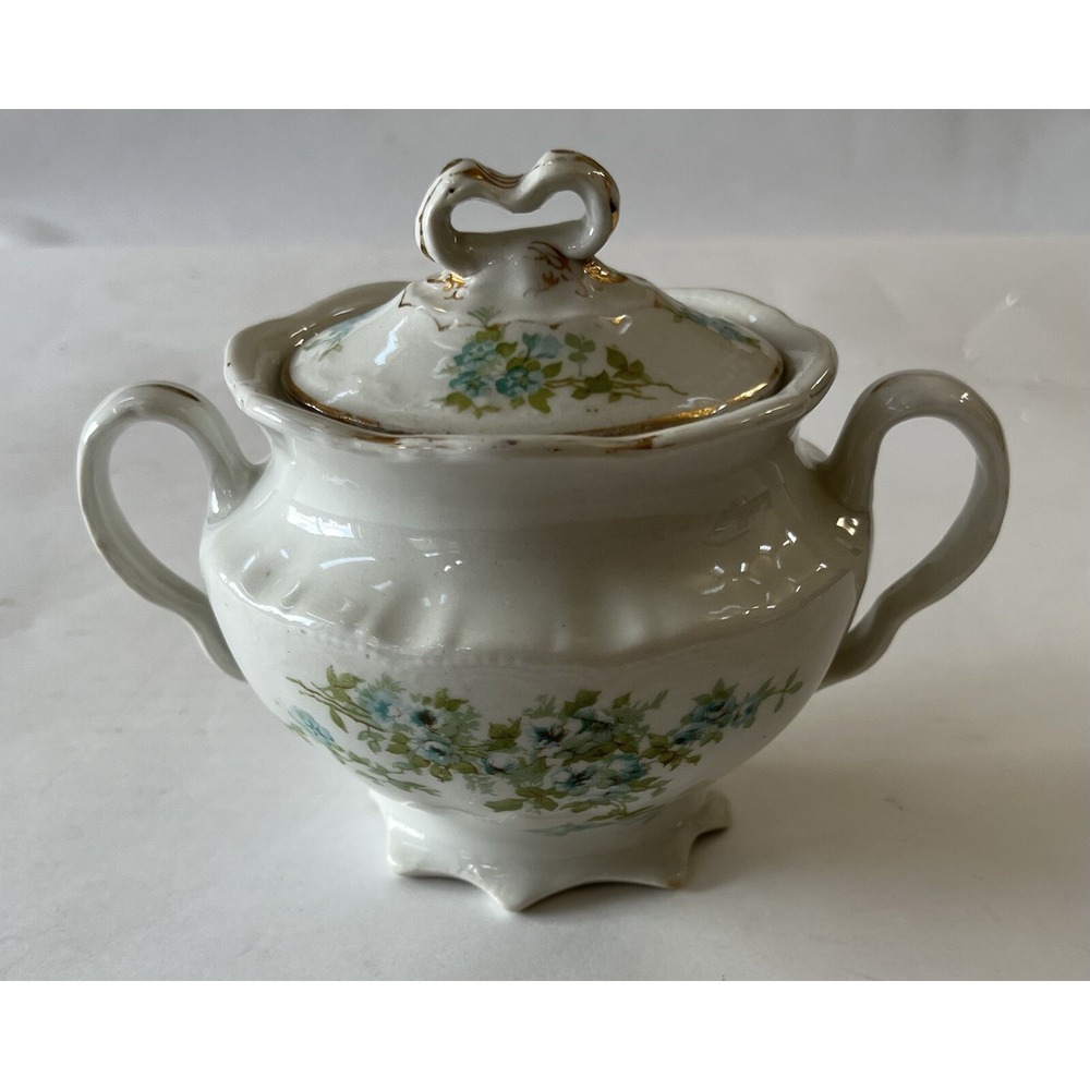 KT & K Sugar Bowl With Lid 5" x 6.5" Light Blue Floral Porcelain Semi-Vitreous